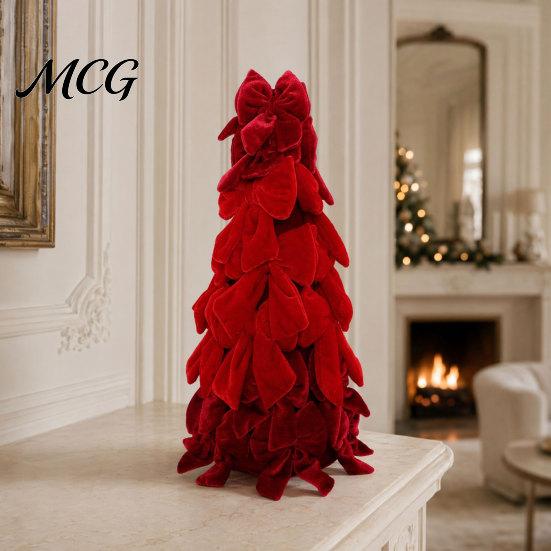 Dining Table Christmas Centerpiece Velvet Bow Tree Decoration, Shaped Photo-ready Decor Tabletop Ornament for Fireplace Window Holiday Stacked
