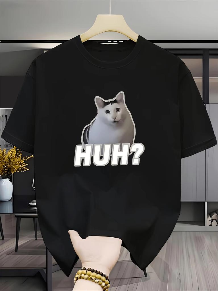 Unisex Funny Huh Cat Meme Graphic Tshirt Confused Kitty Meme Print Short Sleeve Tee Casual Streetwear Unisex Unisex Novelty Gift