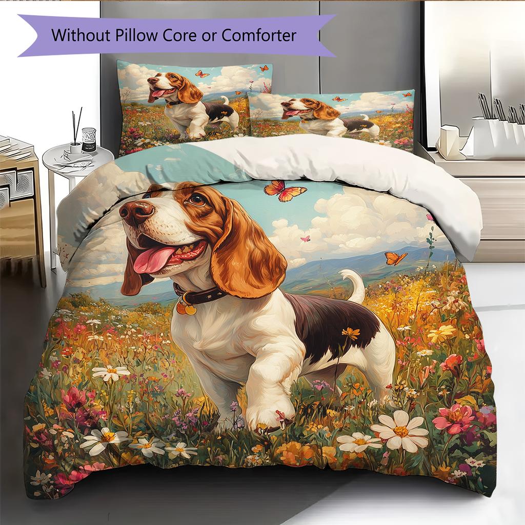 Basset Hound and Grassland Pattern Bedding Home Decoration Birthday Gift (1 * duvet cover + 2 * pillowcase, without core)