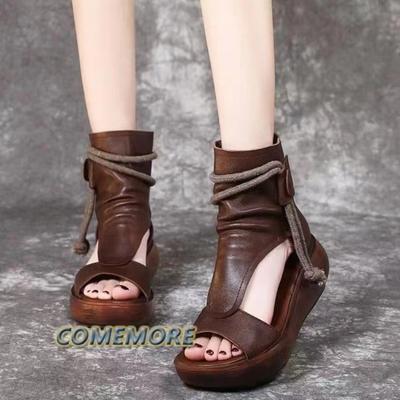 Новые модные женские ботинки из мягкой искусственной кожи в стиле ретро, ​​модные женские сандалии 2024 года, летние сандалии с открытым носком, туфли на танкетке, сандалии на среднем каблуке