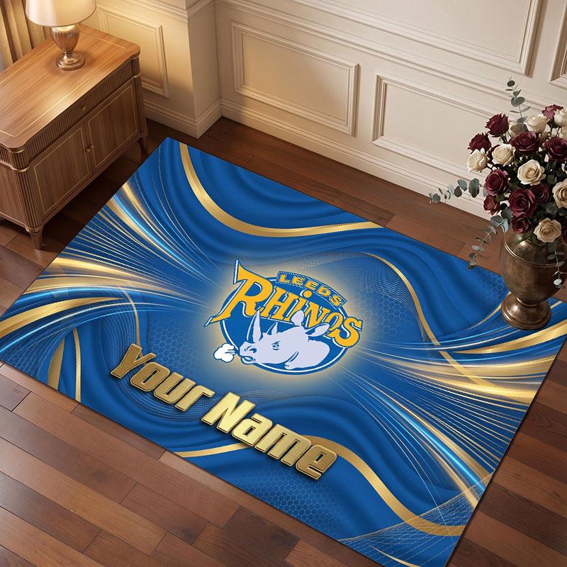 Leeds Rhinos Personalized Crystal Velvet Carpet, Customized Name Text Soft Anti‑Slip Rug for Living Room Bedroom