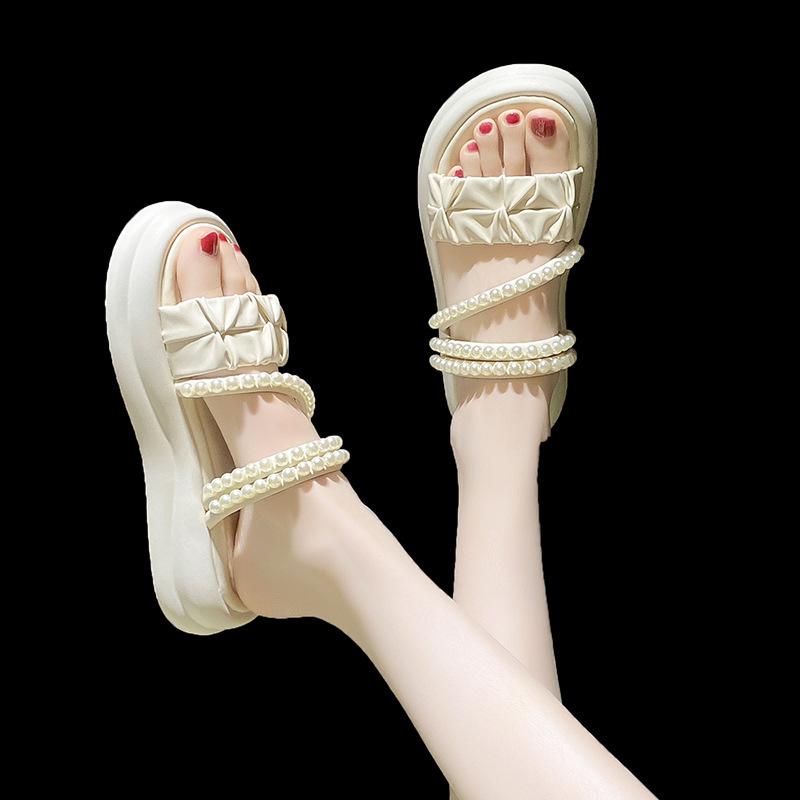 Верхняя одежда, тапочки-маффины с жемчужными складками, женские летние пляжные тапочки с толстой подошвой, одно слово, перетянутое двумя носками, сандалии, тапочки, женская модная женская обувь