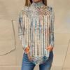 Women's Fashionable Casual High Neck Retro Printed Long Sleeve T-Shirt Pullover Top