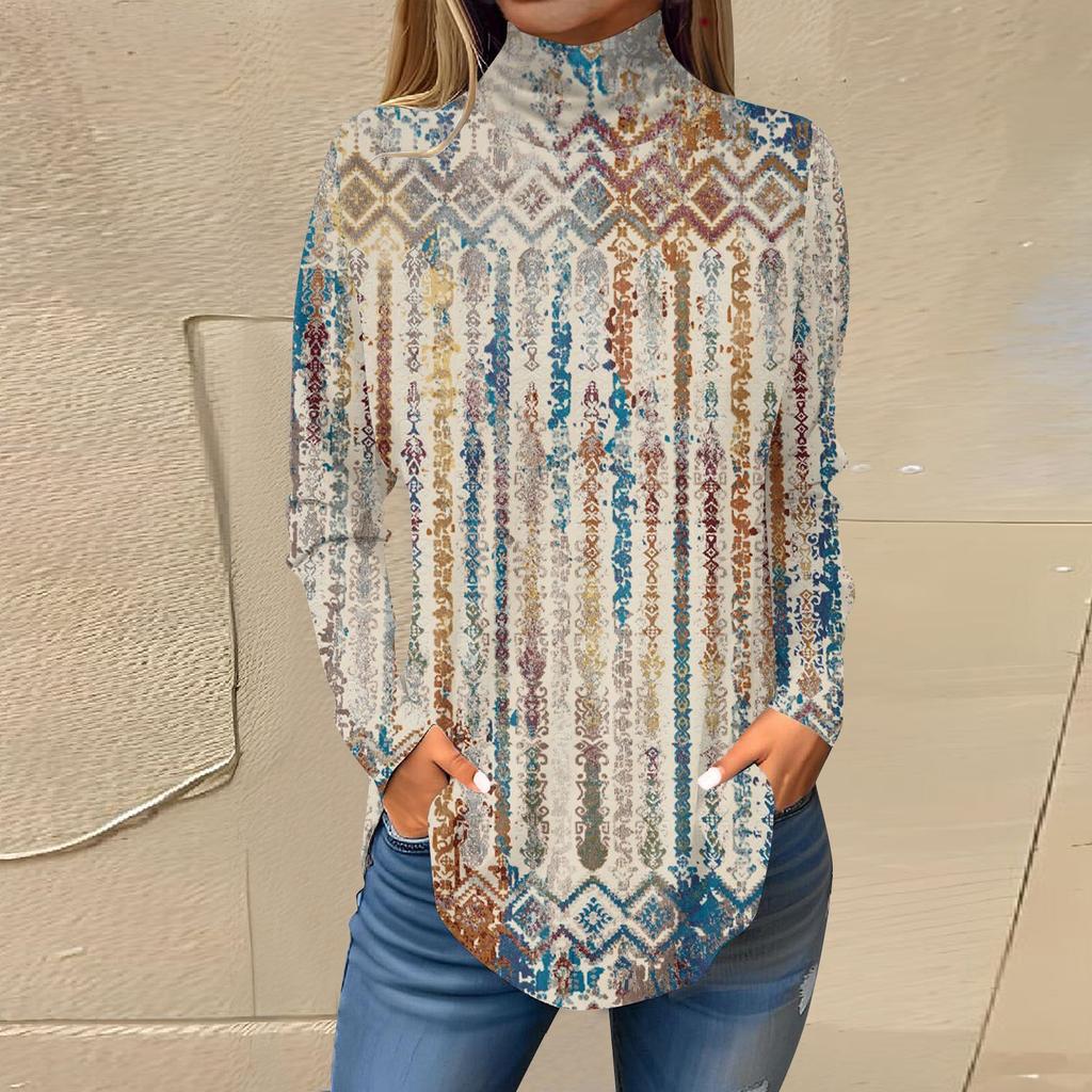 Women's Fashionable Casual High Neck Retro Printed Long Sleeve T-Shirt Pullover Top