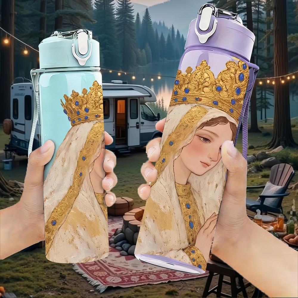 1PC Virgin Mary Queen Crown Portrait Print 750ml Color Plastic Sports Water Bottle Leakproof Flip Straw Lid Suitable for Sports Office Home Use