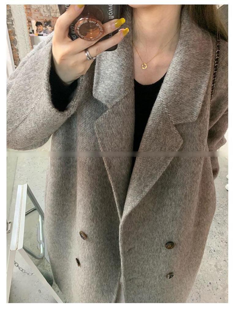 2025 Autumn/Winter Grey Mid-Length Double-Faced Wool Coat: Loose Hand-Stitched Korean Style Women's Overcoat