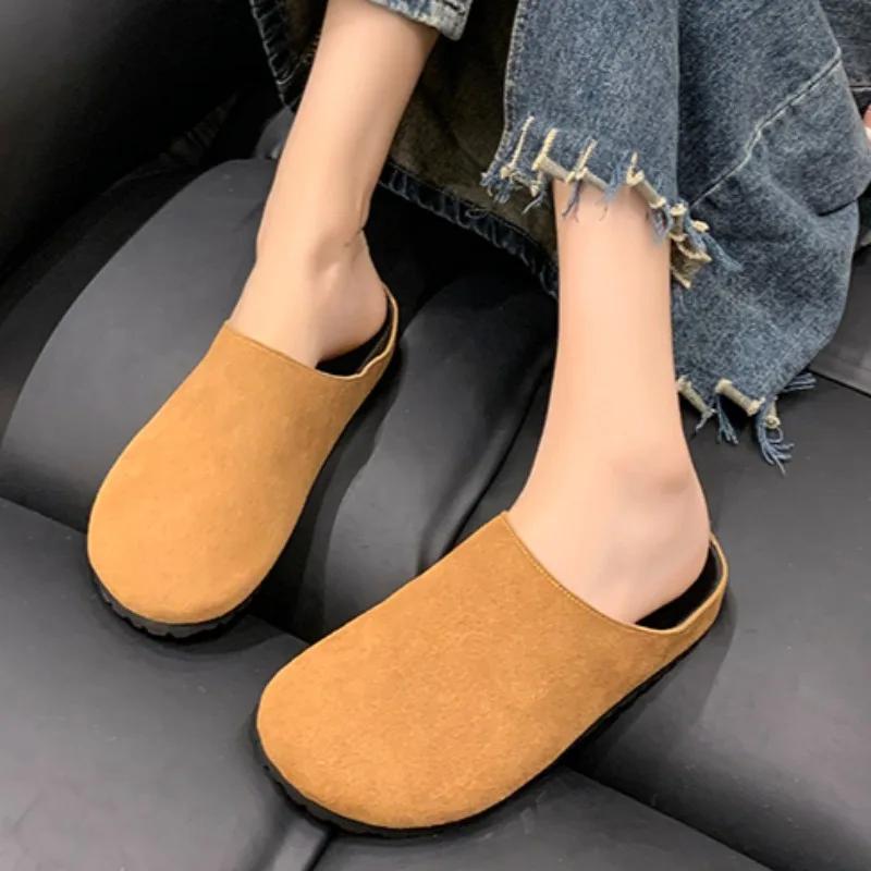 2024 Модные новые женские тапочки на плоской подошве, замшевые тапочки, повседневные мюли с открытой пяткой, осенние дизайнерские туфли Baotou Comfortable Home Mujer Zapatos