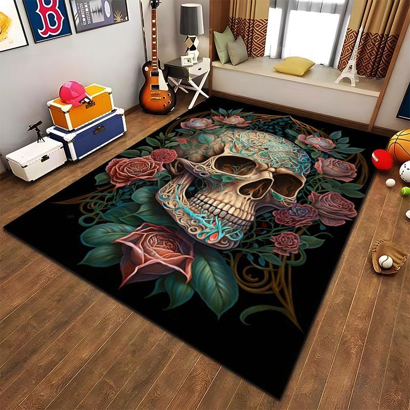 Decorative Artistic Skull Pattern Rug with Roses and Floral Design Suitable for use as an anti-slip for living room bedroom sofas