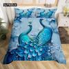 Peacock Duvet Cover Set Microfiber Gorgeous Blue Feather Comforter Cover Pink Flower Soft 2/3Pcs Birds Animal Theme Quilt Cover