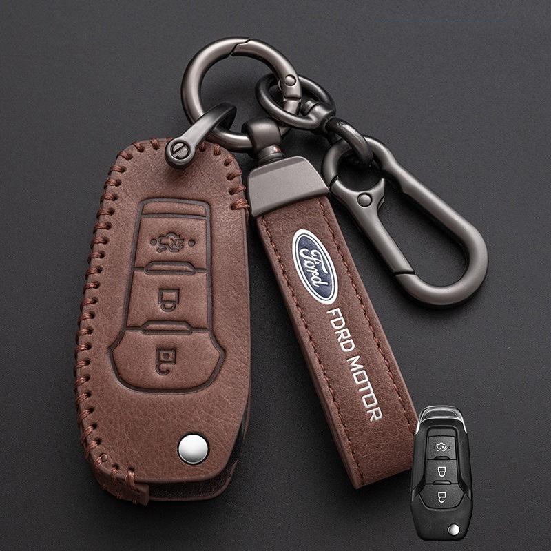 Leather Car Smart Remote Key Cover For Ford Focus Mk3 Mk4 Fiesta Kuga Escape Edge Explorer Mondeo Ranger F-150 Mustang Sticker cc20