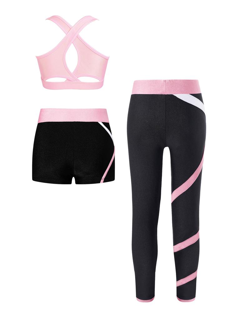 Kids 3 Piece Dance Outfit Tracksuit Girls Cross Nack Tank Sport Bra with Yoga Pants Leggings Ballet Shorts Set