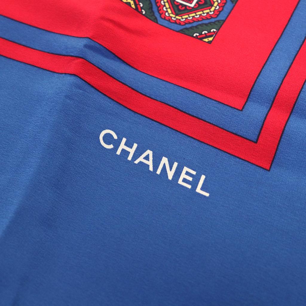 Excellent CHANEL Scarf Logo All-over Print Scarf Size 140 Blue Red Silk Women Used