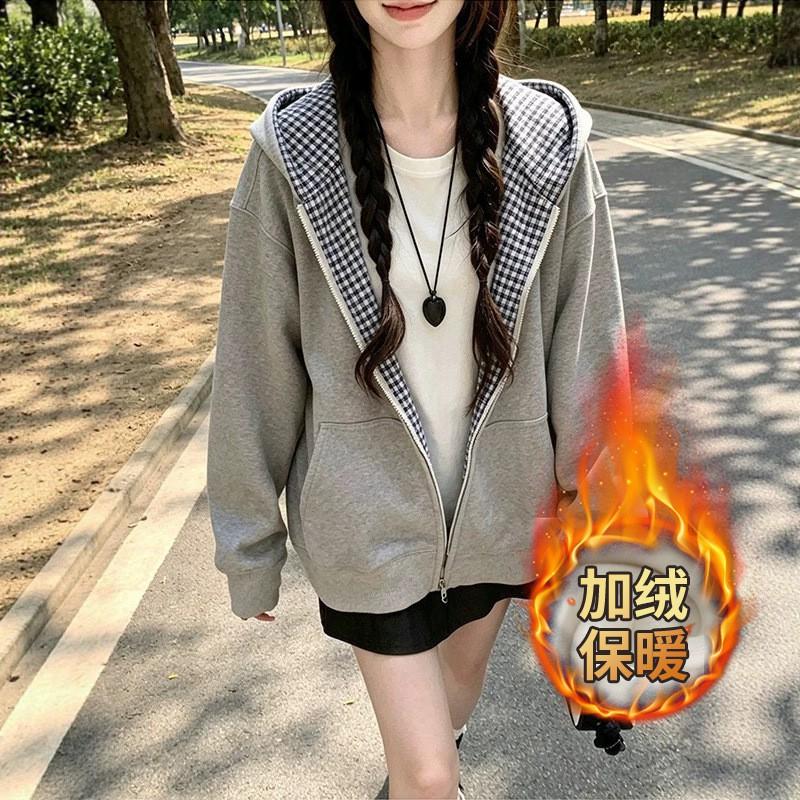 Womens Plaid Zip-Up Hooded Sweatshirt Oversize Loose Casual Jacket