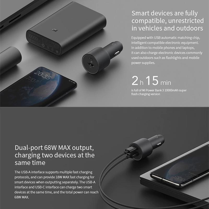 Оригинальное автомобильное зарядное устройство Xiaomi, 100 Вт, быстрая автомобильная зарядка, двойной порт USB-A, USB-C, автомобильное быстрое зарядное устройство для смарт-устройств CC07ZM