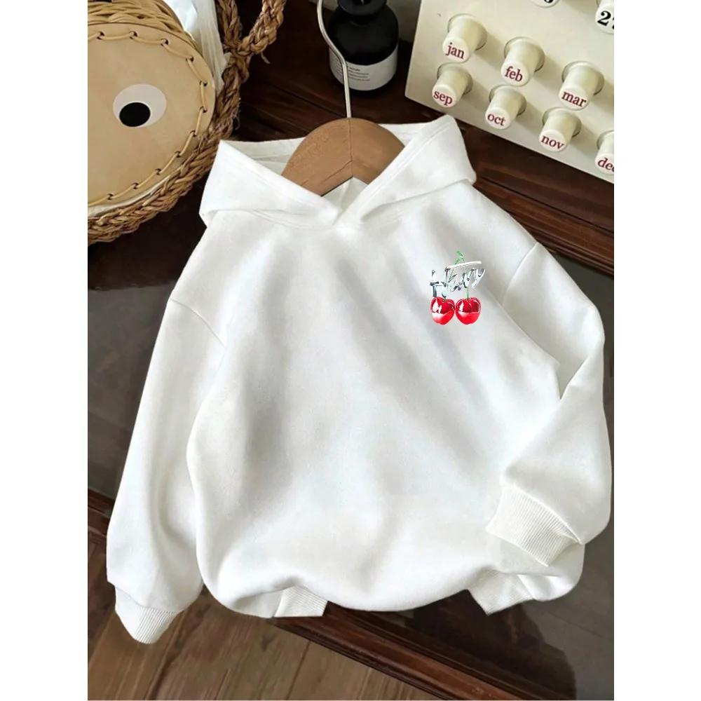 Casual children's hoodie featuring cherry and letter prints—new autumn/winter sweatshirt for boys and girls.