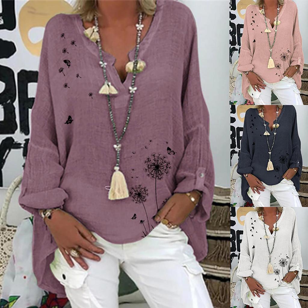 Women's Cotton And Linen Print Casual V-Neck Large Size Print Shirt Tops