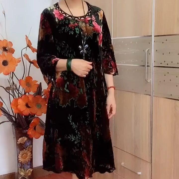 Осеннее Винтажное Женское Бархатное Платье Большого Размера С Принтом Свободного Кроя С Круглым Вырезом Бархатное Цветочное Повседневное Платье