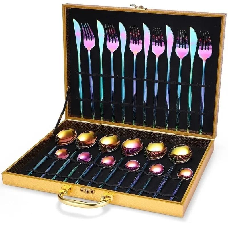 24pcs Dinnerware Set Stainless Steel Tableware Set Luxury Fork Spoon Knife Gold Silver Cutlery Gift Box Kitchen Accessories