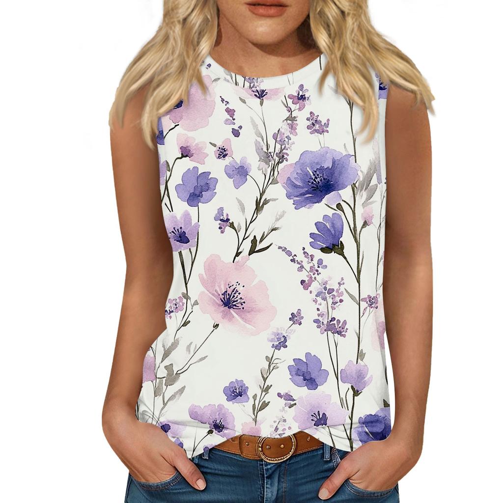 Women's Casual Round Neck Printed Sleeveless Vest Tops Vest