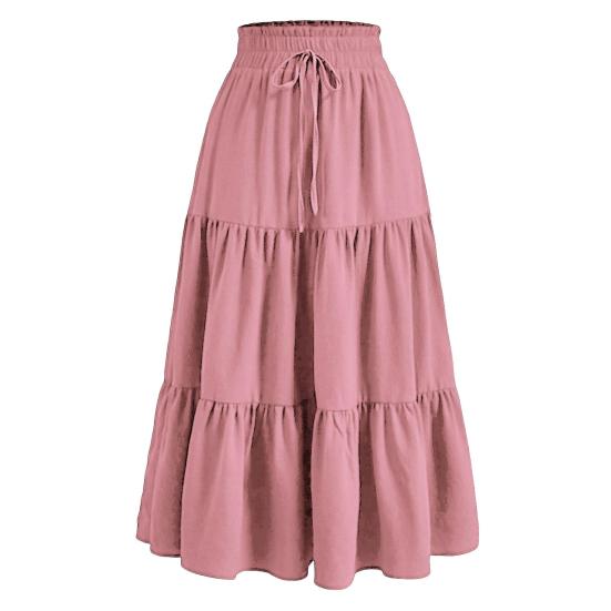 Bohemian Style Women Skirt Elastic High Waist Adjustable Drawstring Cake Skirt Solid Color A-Line Summer Skirt