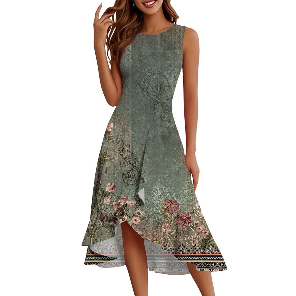 Женские модные повседневные платья без рукавов с круглым вырезом и принтом, элегантные, темпераментные, с оборками