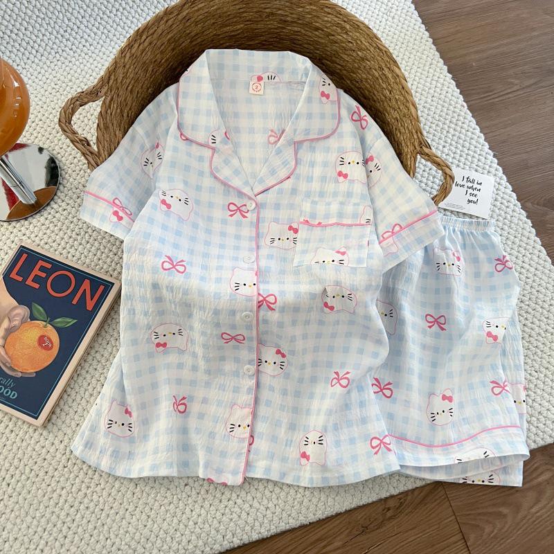 Женский летний комплект пижамы из облачного хлопка - с коротким рукавом, мультяшный принт, больших размеров, корейский стиль, домашняя одежда