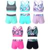 Kids Girls Printed Swimsuit Outfit 2 Piece Set U Neck Crop Top with Boyshorts Bottoms for Pool Beach Swimming
