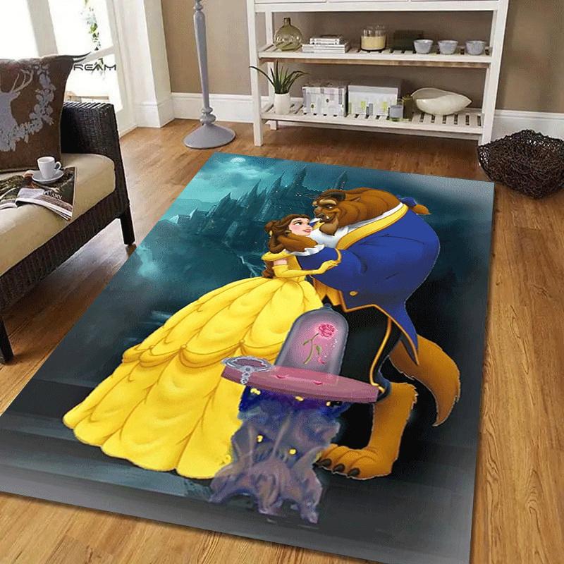 1pc Beauty and The Beast Pattern Area Rug Soft Flannel Floor Mat for Living Room,Office,Bedroom and Carpet,Sofa Coffee Table Floor Mat