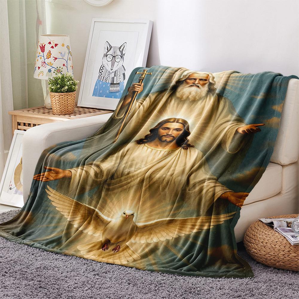 1Pc God Print Flannel Blanket, High quality Comfortable for All Seasons, Home Decor, Warmth and Comfort, Perfect for Christmas Gifts