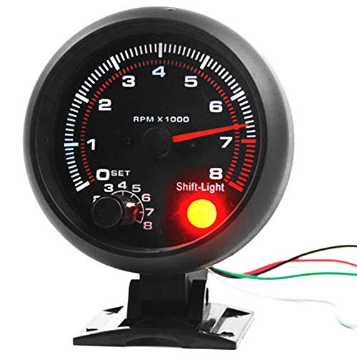 Katigan Universal 3.75" White LED Backlit Tachometer Gauge with Red Shift Light for Gasoline Vehicles, 0-8 RPM
