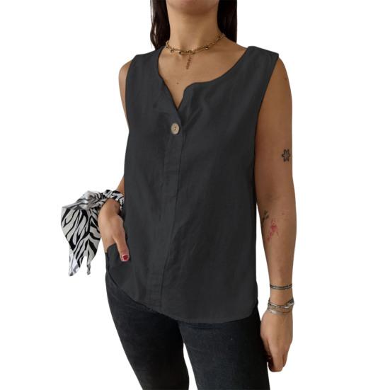 Women Vest Sleeveless Button Decoration Casual Tank Tops Solid Color Cotton Linen Lightweight Breathable Tops