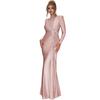 Women Evening Dress Pleated Knot Decor Slim Fit Round Neck Back Zipper Closure Full Length Wedding Party Prom Maxi Dress