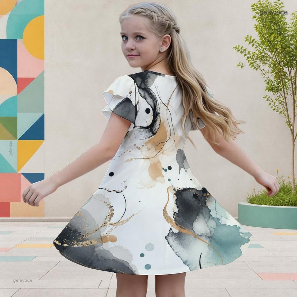 Girls Round Neck Flutter Sleeve Printed A Line Flared Dress