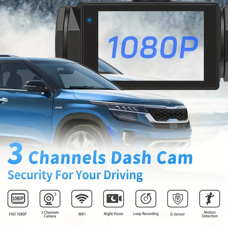 1080P WIFI 3-канальный видеорегистратор, 1080P WIFI видеорегистратор для автомобиля, G-сенсор, широкоугольная приборная панель с инфракрасным ночным видением