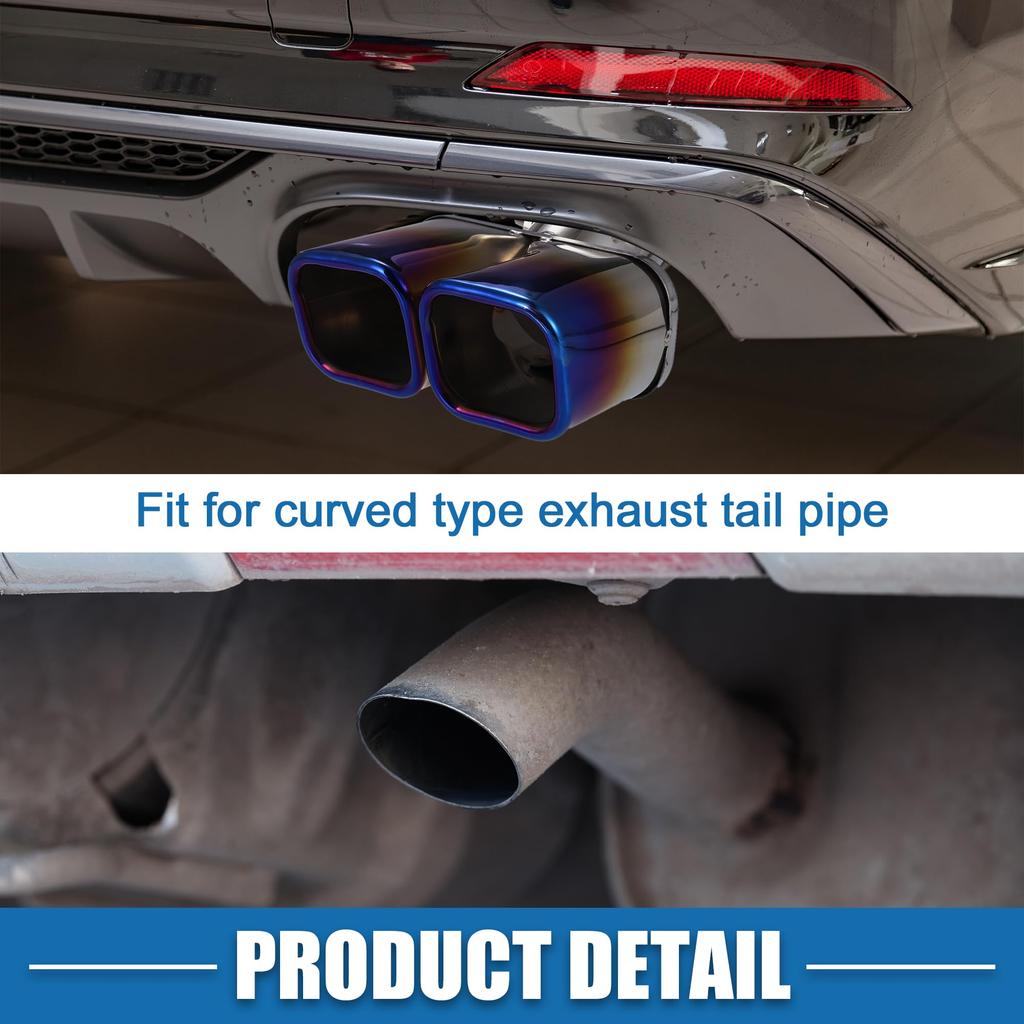 ABSOPRO Car Dual Exhaust End Curved 61mm 60x53mm 170mm Muffler Stainless Blue Frame Tailpipe, Inlet, Outlet, Length, Bolt-On Tip, Steel,