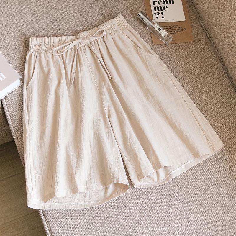Women's Summer Cotton Linen Five Inch Breathable Mid Length Pants Casual Loose Oversized Wide Leg Pants