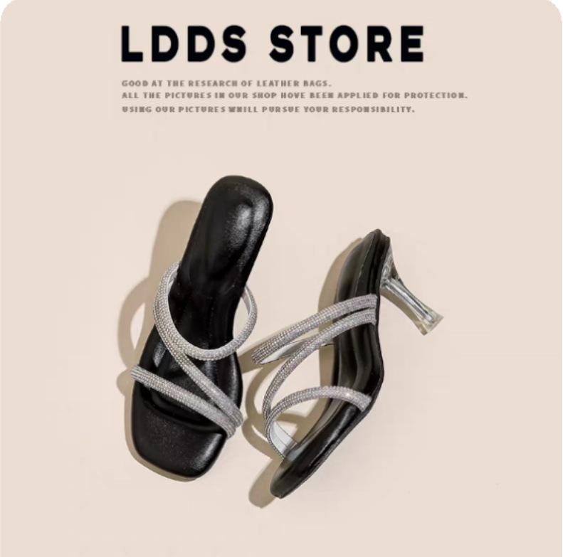 В наличии~ Прозрачные хрустальные тапочки на толстом каблуке для женщин, новые летние квадратные сандалии со стразами 2025