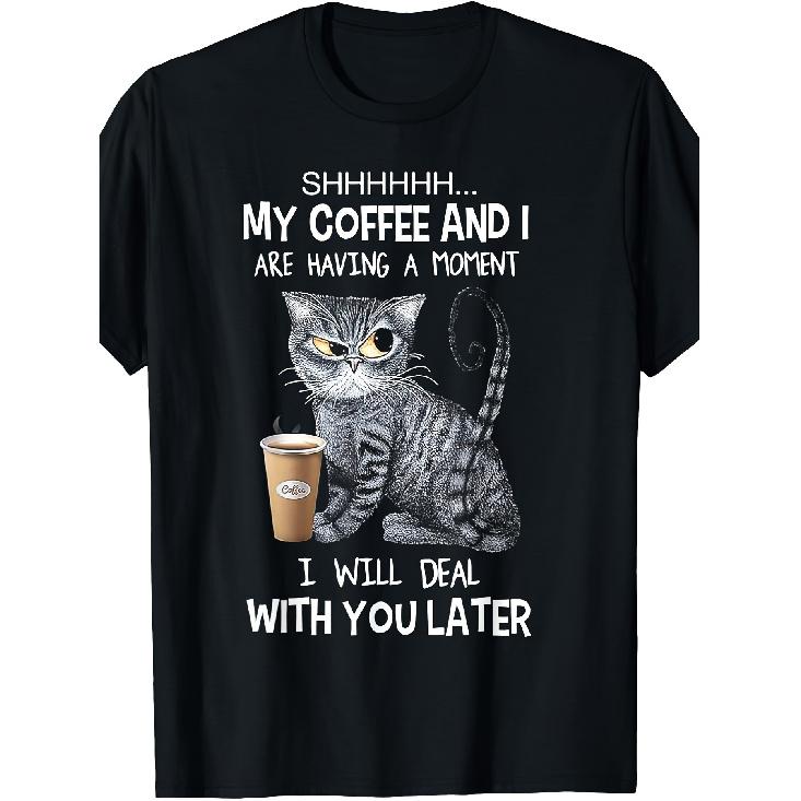 1pc Funny Coffee Cat Print T-Shirt for Men - 100% 180GSM Heavyweight Crew Neck Short Sleeve, Funny "Shhh... My Coffee & I Are Having a Moment" Slogan