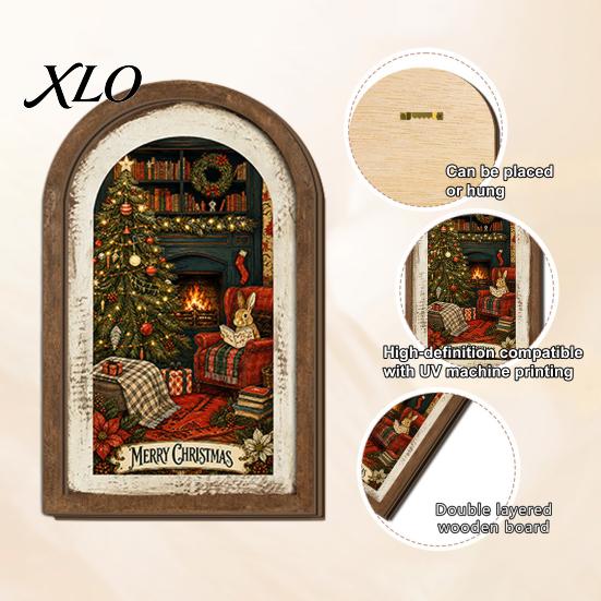 Holiday Tabletop Ornament Rustic Christmas Wooden Decoration, Vintage Arched Window Frame Wall Xmas Table Sign Decor, Winter Party Scene Centerpiece
