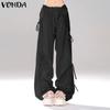 VONDA Women Summer Elastic Waist Drawstring Tie Solid Color Pants