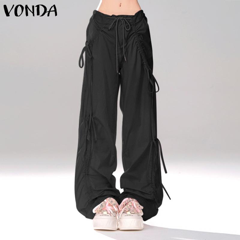 VONDA Women Summer Elastic Waist Drawstring Tie Solid Color Pants