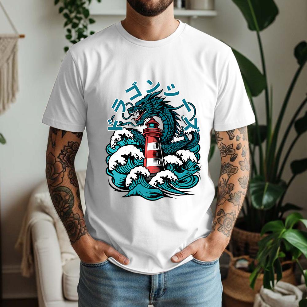 2026 Summer Unisexs Japanese Dragon Lighthouse Graphic Oversize Tee 100 Cotton UkiyoE Short Sleeve