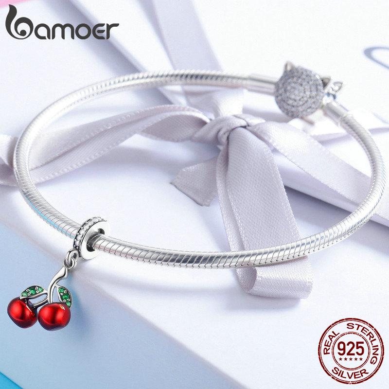 BAMOER модный кулон из стерлингового серебра 925 пробы с фруктами и красной эмалью вишни, подвеска, подходящий для женщин, браслеты