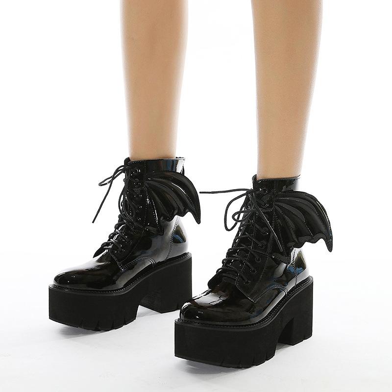 Women's Black Back Zipper Chunky Heel Boots Goth Style Lace Up Solid Color Platform Short Boots for Women Fashion Wing