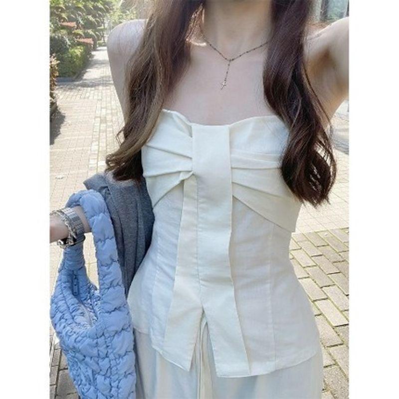 Pure Desire Style Suit Niche Style Pleated Tube Top Vest Women's Clothing Summer High Waist White Straight-Leg Pants Casual Pants Two-piece Set