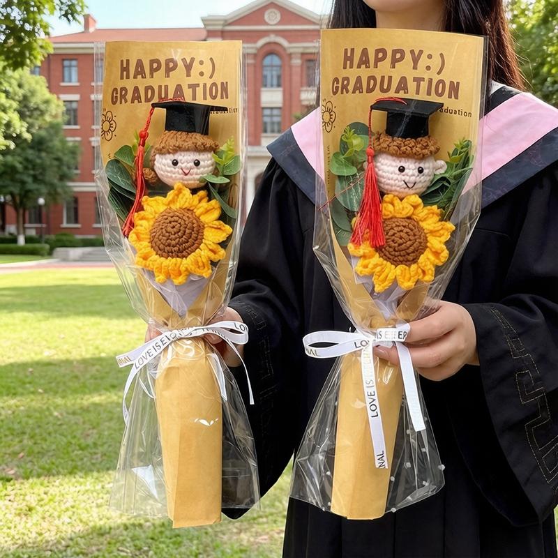 Доктор Мишка Graduation Букет из вязаных крючком цветов Искусственный подсолнух Ручная вязаная композиция в подарочном пакете Подарок выпускникам