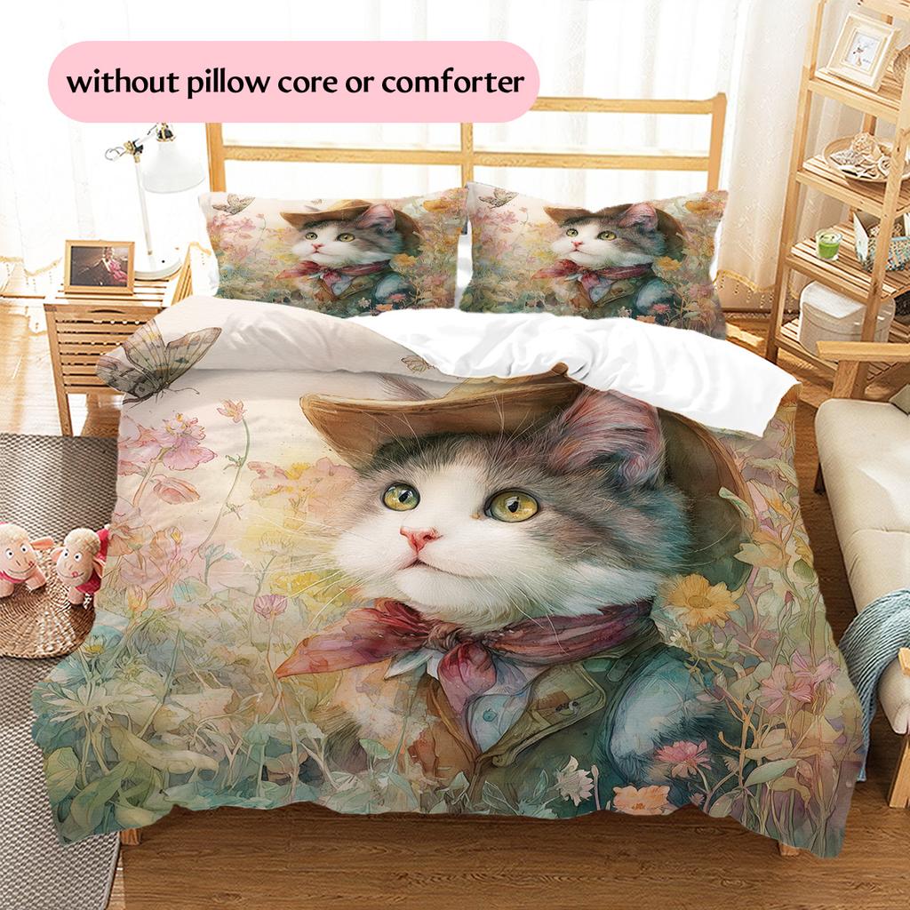 Cat with Vintage Hat Pattern Bedding Quilt Set Home Decoration Gift (1 * duvet cover + 2 * pillowcase, without core)