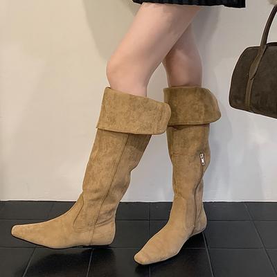 Зимний Дизайн Зимние Закатанные Ботильоны Женские Ботфорты Панк Стиль Острый Носок Низкий Каблук Обувь на Молнии