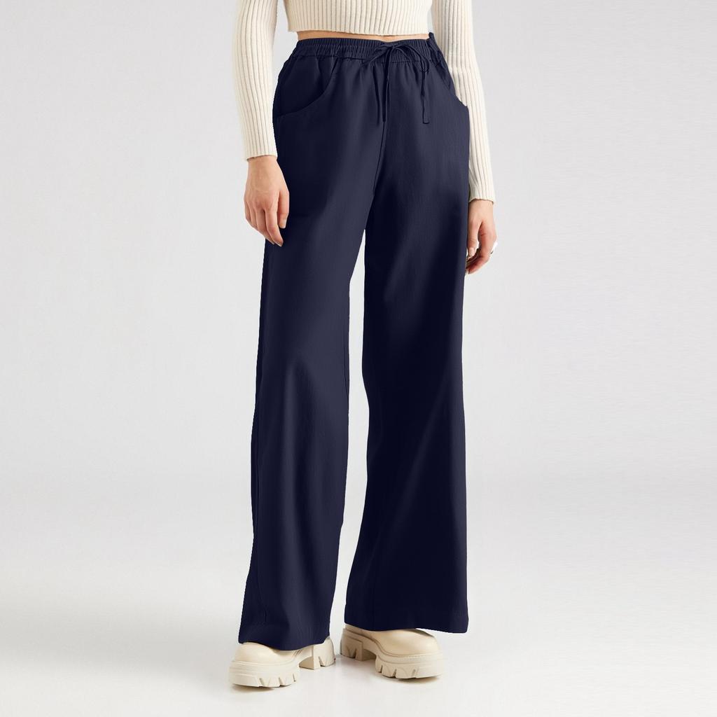 Women's Solid Color Wide Leg Pants With Elastic Waistband, Straight Leg, Loose Casual Pants