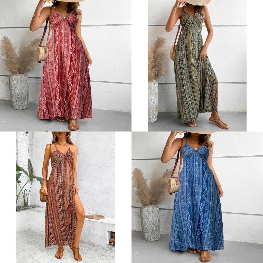 Summer Floral Print Sleeveless Maxi Dress With Zipper For Womens Beachwear